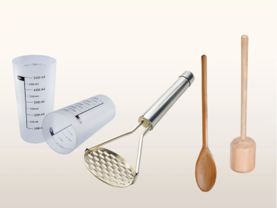 Kit Copo medidor, Colher de pau, Soquete de madeira e Esmagador de batata