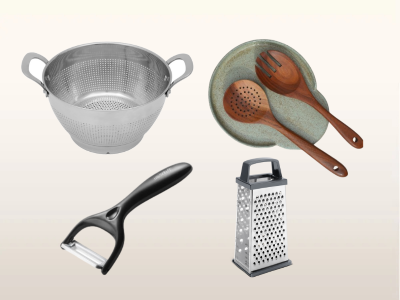 Kit Escorredor de macarrão, Descanso de colher, Descascador de legumes e Ralador