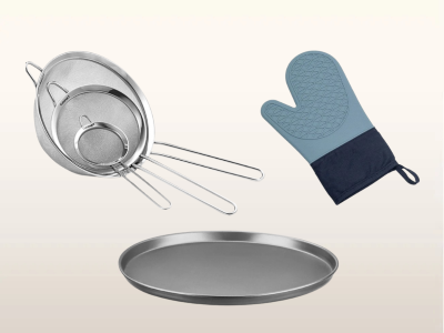 Kit Forma de pizza, peneiras e luvas termicas